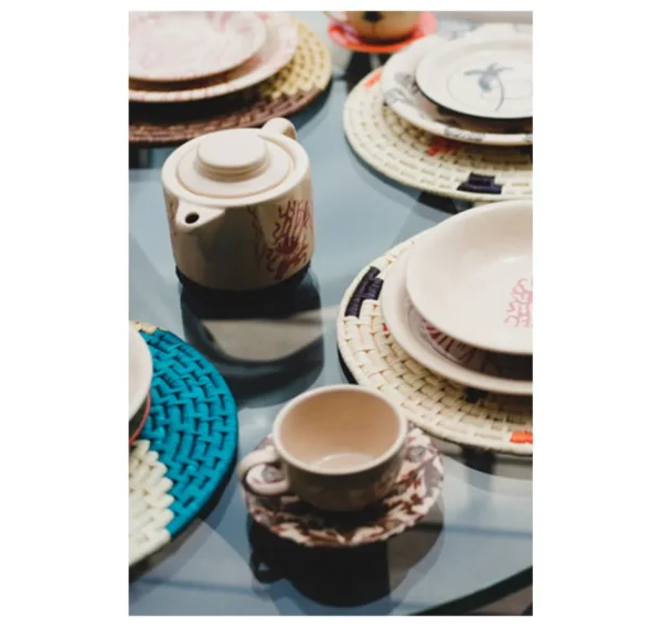 Home-Sensi Studio Ceramic Tea Cup & Tea Plate "Trazos Sicilia Black" (Set of 4)